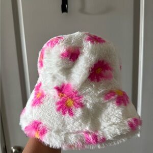 Urban Outfitters Fuzzy White Hat with Pink Floral Accents